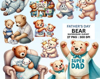 Conjunto de imágenes prediseñadas de osos para el Día del Padre / 27 PNG de acuarela de papá y ositos, atuendos de superpapá, abrazos y momentos conmovedores / 300 DPI