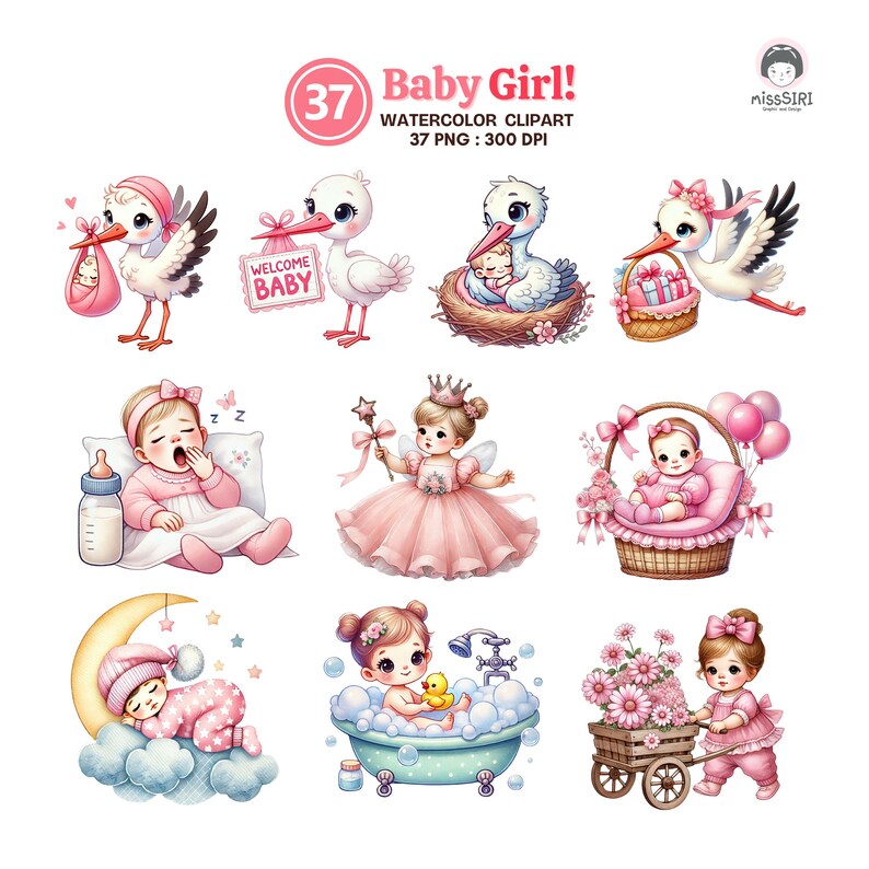 Baby Girl Watercolor Clipart Set - 37 PNG Baby Shower Graphics - Pink ...
