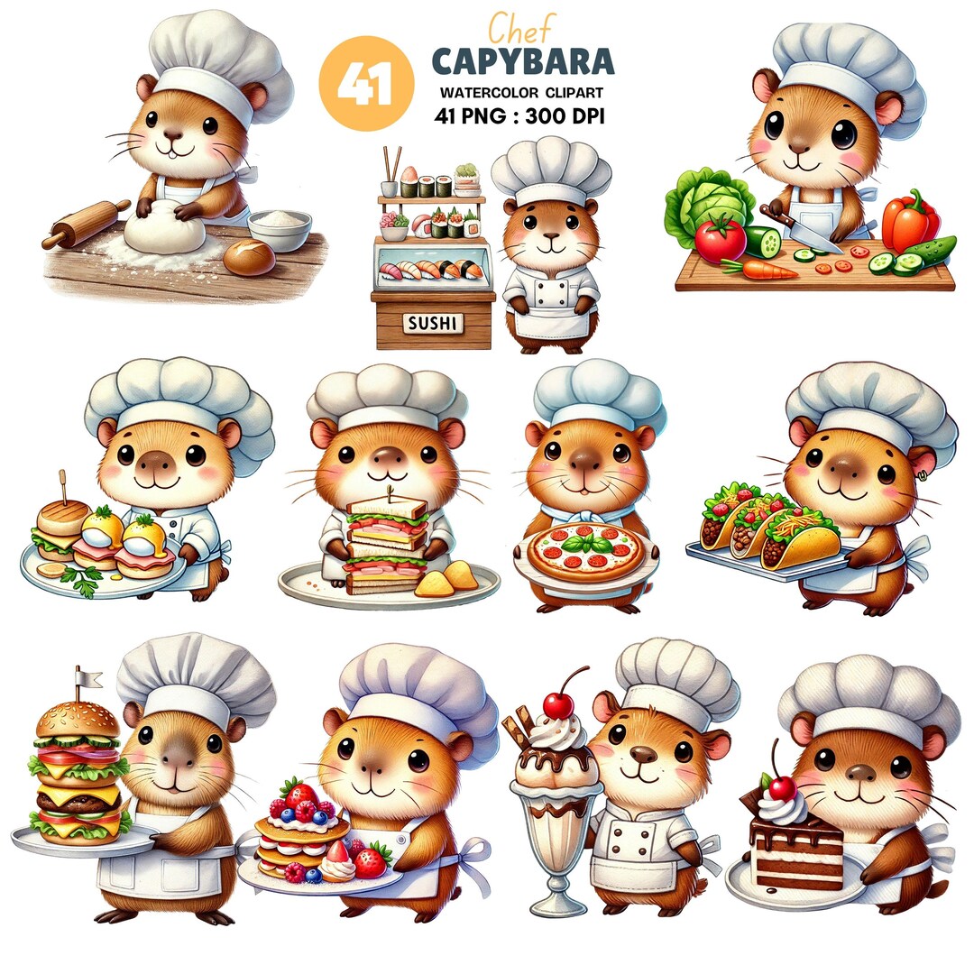Chef Capybara Watercolor Clipart Bundle for Food Lovers and Creators ...