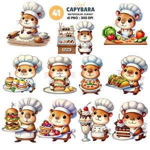 Chef Capybara Watercolor Clipart Bundle for Food Lovers and Creators, Cooking Animal PNG Set, 41 Cute Culinary Illustrations 300 DPI