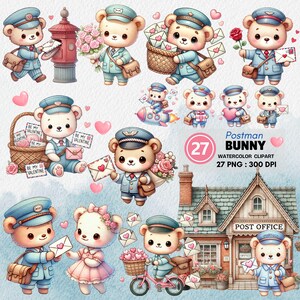 Conjunto de Clipart de Urso Carteiro para o Dia dos Namorados | 27 PNGs em aquarela para cartas de amor, cartões românticos e arte postal fofa | Download digital de 300 DPI