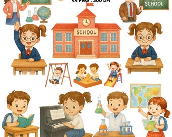 Back to School Watercolor Clipart Bundle for Teachers and Kids, Classroom PNG Set, Study Time Illustrations, 44 PNG Files at 300 DPI