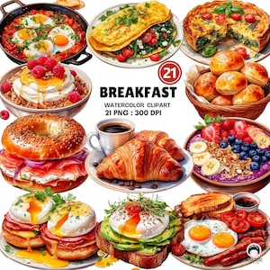 Breakfast Watercolor Clipart – 21 PNG Delicious Morning Dishes with Coffee, Pastries, Eggs, and Fresh Fruits