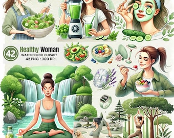 Clipart de acuarela de mujer sana: 42 ilustraciones PNG de bienestar con temas de yoga, batidos, ensaladas y relajación.