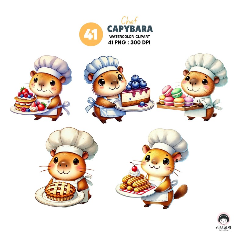 Chef Capybara Watercolor Clipart Bundle for Food Lovers and Creators ...