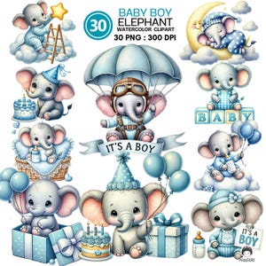 Baby Boy Elephant Clipart Set | 30 Blue Watercolor PNGs with Balloons, Cakes, Clouds, Gifts and It’s a Boy Baby Shower Decor