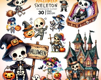 Watercolor Halloween Skeleton Clipart Bundle – 30 Cute PNG Files