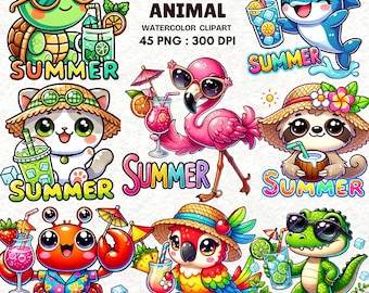 Sommer Tier Clipart Bundle - 45 PNG Aquarell süße Strandtiere mit Getränken, Sonnenbrillen, Hüten und tropischen Sommer Vibes