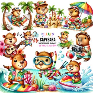 May include: A set of 36 watercolor clipart images featuring capybaras in various summer activities. The capybaras are wearing colorful Hawaiian shirts and enjoying activities like surfing, swimming, and relaxing on the beach. The clipart is perfect for creating invitations, cards, and other summer-themed projects.