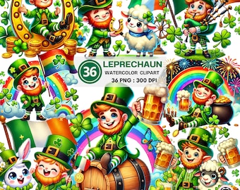 St. Patrick's Day Leprechaun Watercolor Clipart – 36 PNG Festive Leprechauns with Shamrocks, Rainbows, Beer, and Irish Flags