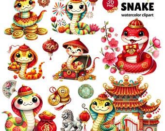 Chinese New Year Snake Watercolor Clipart Bundle (PNG)