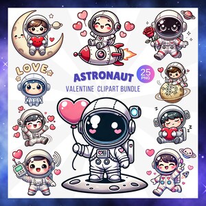 Astronaut Valentine Clipart Bundle - 25 PNG Cute Space Lovers, Kawaii Astronauts with Hearts, Rocket Ships, Love in Space Digital Art