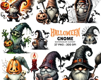 May include: Watercolor clipart featuring various Halloween gnomes. The gnomes are depicted with pumpkins, bats, and other spooky elements. The text "Halloween Gnome Watercolor Clipart" is also visible.