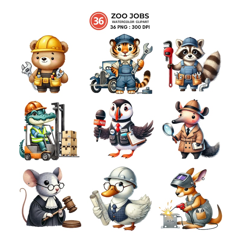 Professions Animals Zoo Jobs Clipart Set | 36 Watercolor Pngs of Cute Animals in ...