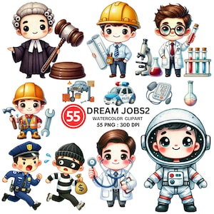 Dream Jobs Watercolor Clipart Bundle for Kids Career Theme, 55 PNG Illustrations of Occupations, Doctor Police Astronaut 300 DPI