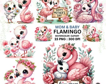 Mom and Baby Flamingo Clipart Set | 25 Watercolor PNGs for Mother’s Day, Nursery Art, Love You Mom Cards & Baby Shower Designs