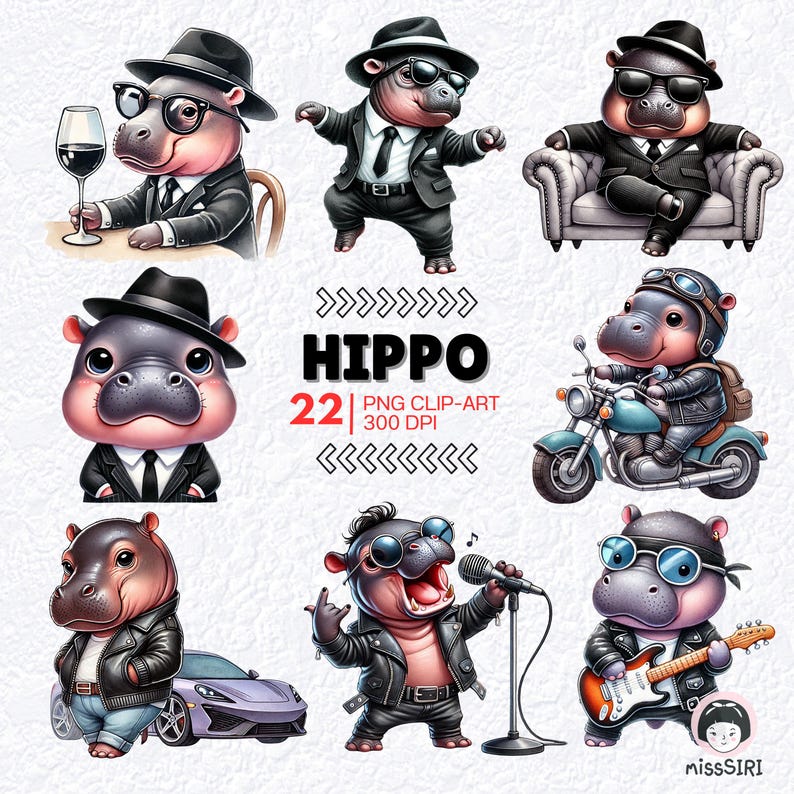 Hippo Copyable Hippo Clipart Bundle, 22 PNG Hippo Images, Hipster Hippo Characters ...