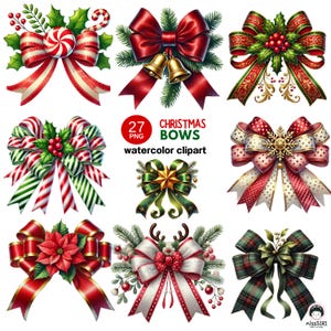 May include: A collection of nine watercolor Christmas bows in various designs. The bows feature red, green, and white ribbons, holly, berries, and gold accents. The image includes text that reads "27 PNG Christmas Bows watercolor clipart."