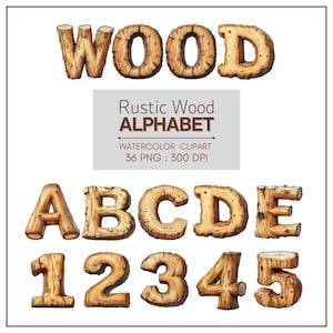 Conjunto de clipart de alfabeto de madeira rústica – letras e números em aquarela – 36 arquivos PNG a 300 DPI – Woodland Font para artesanato e designs