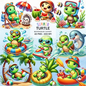 Summer Turtle Watercolor Clipart Bundle – 43 Adorable Beach Holiday PNGs with Snorkeling, Jet Ski, Pool Floaties & Tropical Fun