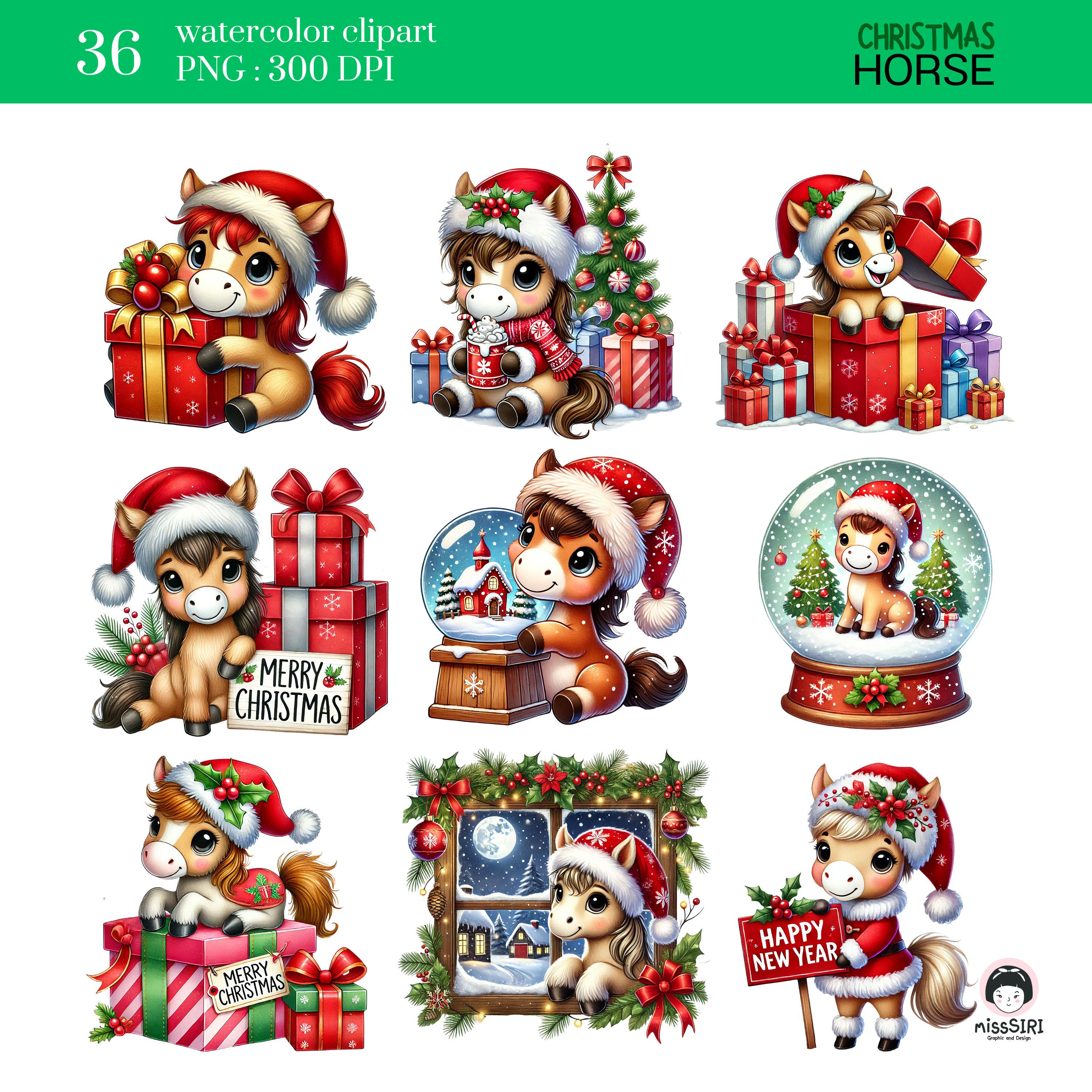 Christmas Horse Watercolor Clipart Set | 36 PNG Festive Pony ...