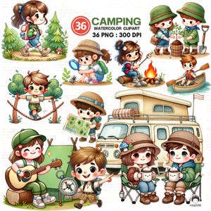 Camping Kinder Clipart Bundle | 36 Aquarell PNGs mit Wandern Jungen Mädchen Lagerfeuer Zelt Kompass Camper Kanu und Karte Illustrationen