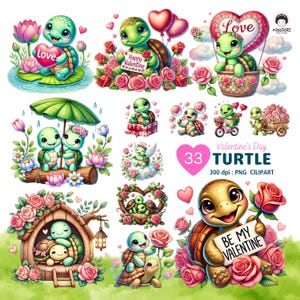 Valentinstag Schildkröte Clipart Set - 33 romantische Wasserfarben PNGs, süße Schildkröten mit Blumen, Liebesthemen, Sofort-Download