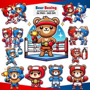 May include: A collection of cartoon bear illustrations in boxing gear. The bears are depicted in various poses, including boxing in a ring, holding a trophy, and wearing boxing gloves and helmets. The image includes the text "Bear Boxing" and "Watercolor Clipart".