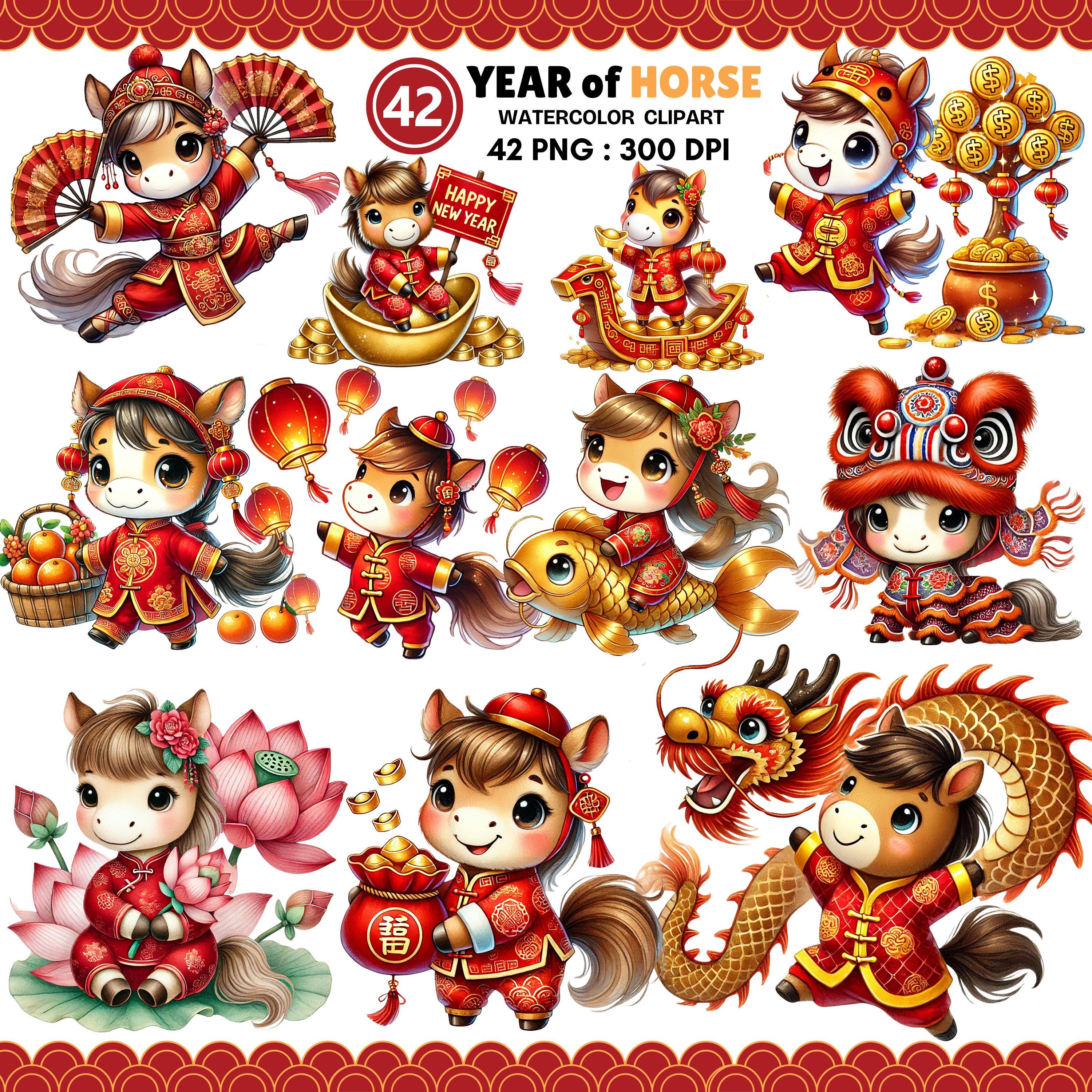 Chinese New Year Horse Clipart Bundle | 42 Watercolor Pngs for Lunar ...