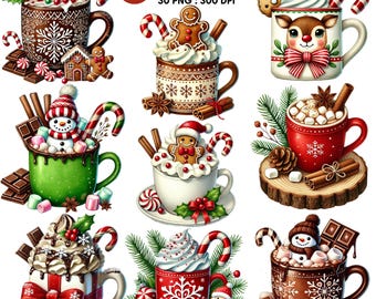 Christmas Cocoa Mug Clipart Set | 30 Festive Watercolor PNGs with Marshmallows, Candy Canes, Gingerbread and Holiday Decor