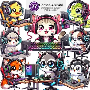 May include: A set of 27 watercolor illustrations of cute animals playing video games. Each animal is wearing a headset and sitting in a gaming chair in front of a computer. The animals include a cat, a llama, a fox, a raccoon, a penguin, a chameleon, a duck, and a bulldog.