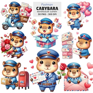Conjunto de Cliparts de Capivara de Carteiro | 30 PNGs em aquarela de animais fofos para entrega de correspondências com cartas de amor, balões, flores e cartões de dia dos namorados