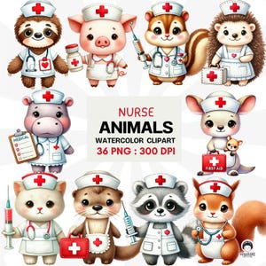May include: Watercolor clipart set of 10 cute animals dressed as nurses. The animals include a sloth, pig, squirrel, hedgehog, hippopotamus, kangaroo, cat, otter, raccoon, and squirrel. Each animal is wearing a white nurse uniform with a red cross, a stethoscope, and a medical bag. The clipart is perfect for creating cards, invitations, scrapbook pages, and other crafts.