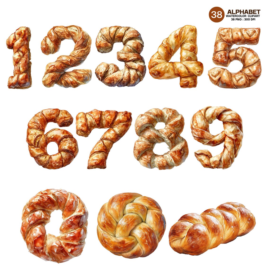 Bread Alphabet Watercolor Clipart – 38 PNG Delicious Baked Letters and ...