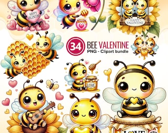 Bee Valentine Clipart Bundle, Cute Bee Love PNG, Honeycomb Heart Graphics, Watercolor Bee Art, Valentine's Day Digital Bees