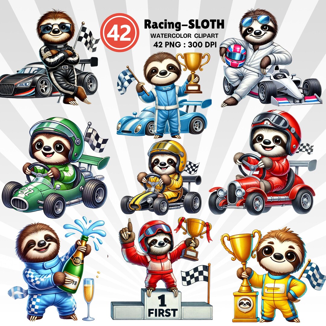 Racing Sloth Watercolor Clipart Bundle – 42 Cute Pngs of Cartoon Sloths ...
