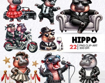 Cool Hippo Clipart Bundle, PNG Images (Digital Download)