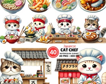 Japanese Cat Chef Clipart Set – 40 PNG Watercolor Kawaii Sushi Ramen Tempura Katsu Food Illustrations for Kids and Crafts
