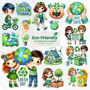Puede incluir: Un conjunto de ilustraciones de clipart de acuarela con niños y temas ambientales. Las ilustraciones incluyen una niña plantando un árbol, un niño sosteniendo un globo terráqueo, un automóvil con una batería y una casa con paneles solares. El texto "Eco-Friendly Watercolor Clipart 46 PNG: 300 DPI" está incluido en la imagen.