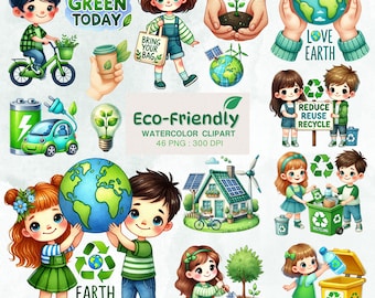 Eco-Friendly Watercolor Clipart Set - 46 PNG Files, Go Green Recycling Art, Earth Day Illustrations, Kids Environment Designs, 300 DPI