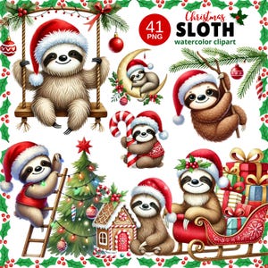 Weihnachts-Faultier-Clipart-Bundle, Aquarell-Faultier PNG, süße Faultier-Illustrationen, Weihnachtsmütze mit Geschenken, Weihnachtsdekor-Kunst