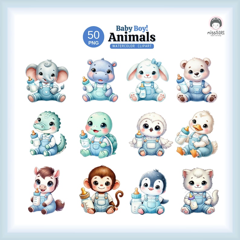 Baby Boy Animals Watercolor Clipart Set – 50 PNG Files for Baby Shower ...