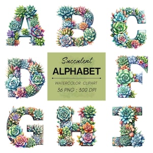 May include: Watercolor clipart of the alphabet letters A through I, each letter is made up of succulent plants in shades of green, pink, and purple. The letters are arranged in three rows, with the text "Succulent ALPHABET WATERCOLOR CLIPART 36 PNG : 300 DPI" below the letters.