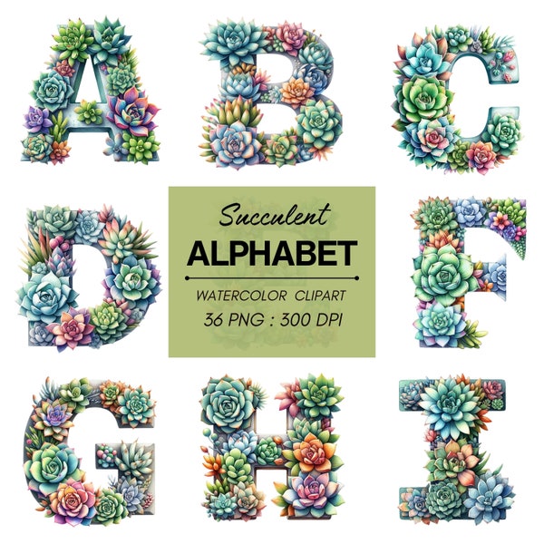 Succulent Watercolor Alphabet Clipart Set