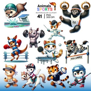 Adorable conjunto de imágenes prediseñadas de deportes de animales de acuarela