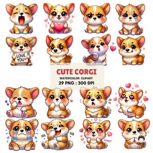 Cute Corgi Clipart Set | 29 Watercolor PNGs of Kawaii Dog Expressions for Stickers, Cards, Journals & Pet Lover Projects | 300 DPI