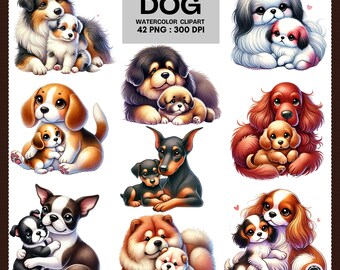 Mom and Baby Dog Watercolor Clipart – 42 PNG Adorable Dog Families, Mother and Puppy Illustrations for Pet Lovers