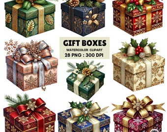 Christmas Gift Box Watercolor Clipart Set | 28 Elegant Holiday PNGs with Bows, Holly, Pinecones and Luxury Wrapping