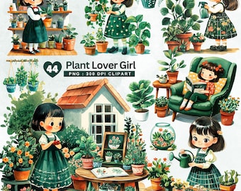 Plant Lover Girl Watercolor Clipart – 44 PNG Cozy Botanical Illustrations with Plants, Gardening, and Greenery