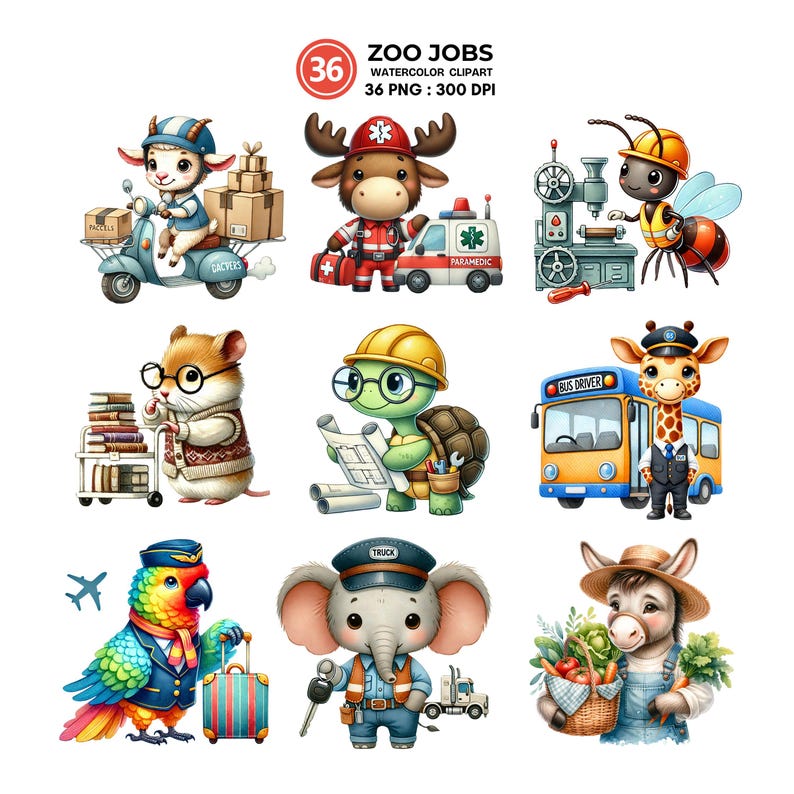 Professions Animals Zoo Jobs Clipart Set | 36 Watercolor Pngs of Cute Animals in ...